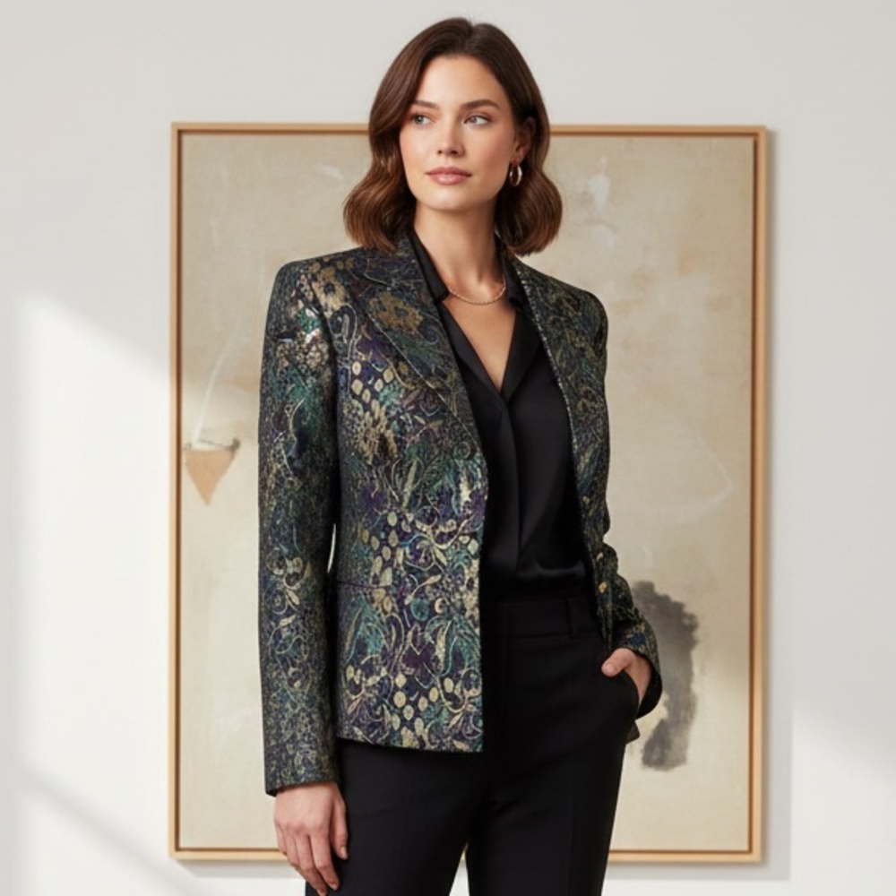 • Vintage Tapestry Jacket Metallic Brocade Peplum Gold Purple Size 4 •